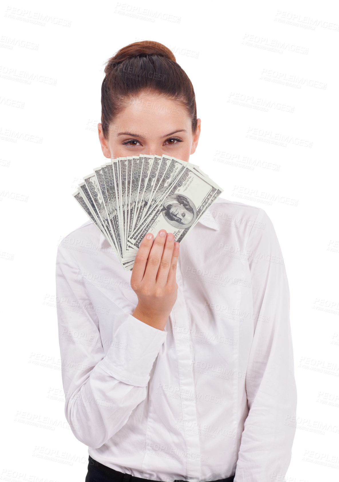 Buy stock photo Portrait, studio money and hidden woman with cash prize, dollar bills giveaway or job salary, income or revenue. Financial freedom success, winner and professional person isolated on white background