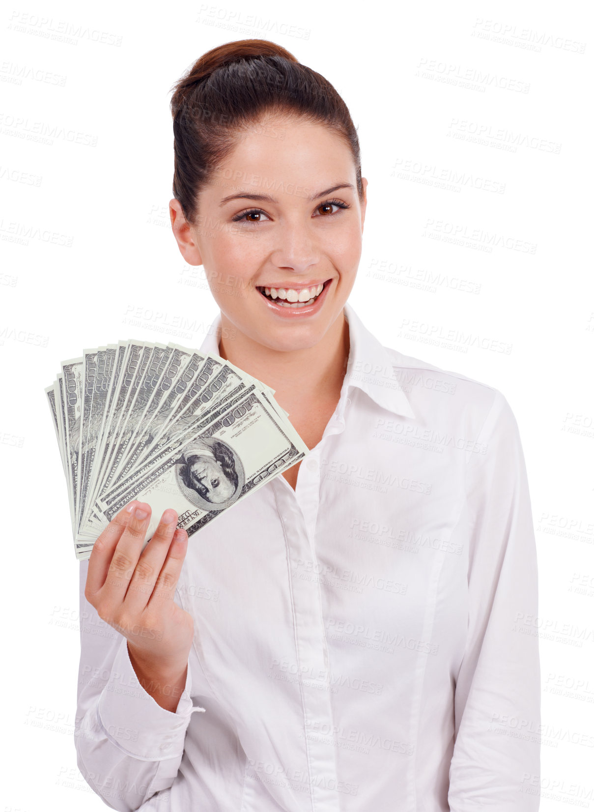 Buy stock photo Business woman, money fan and studio portrait for investment, winning and achievement by white background. Isolated businesswoman, cash prize and success for winner with bonus, goal and profit