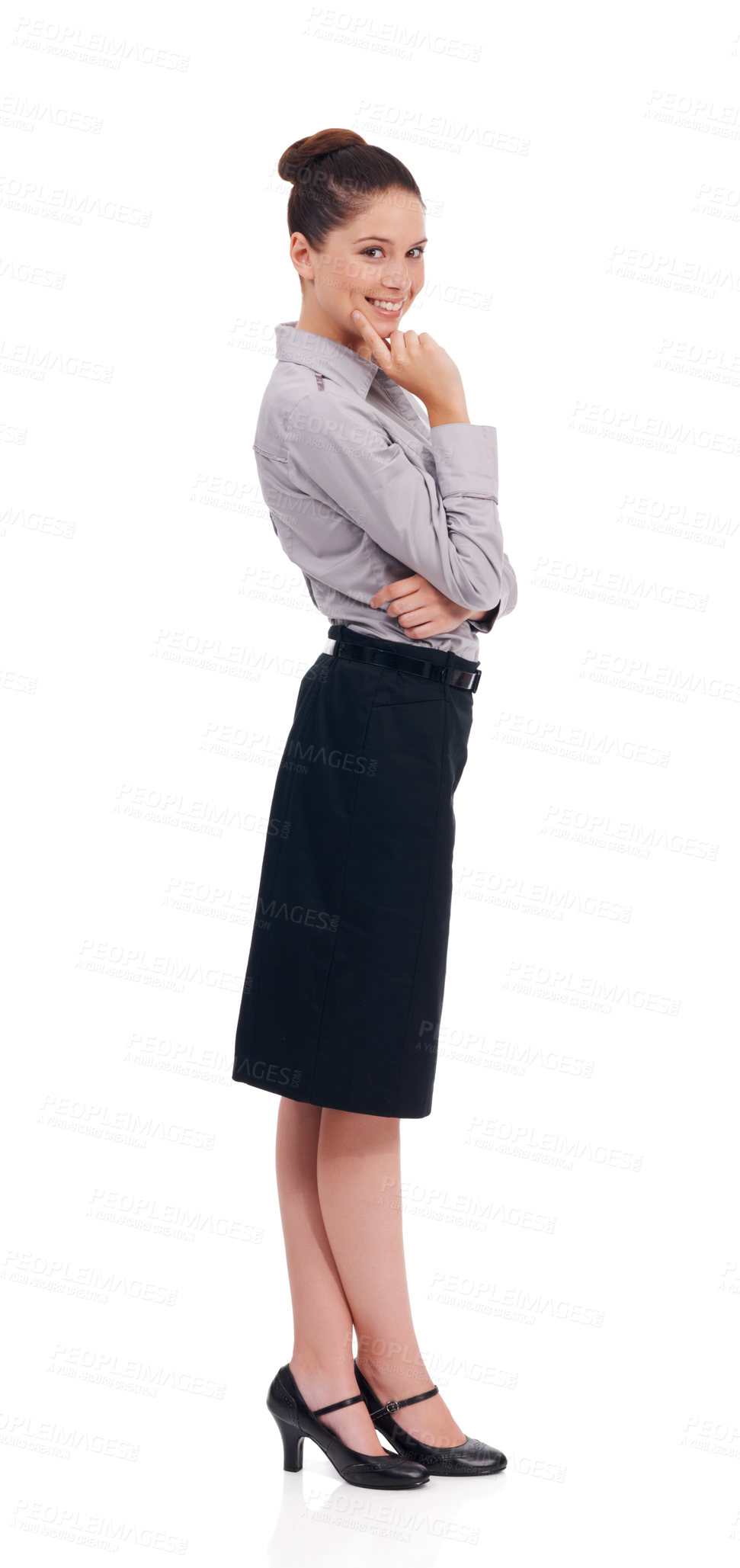 Buy stock photo Professional portrait, smile and happy woman, confident legal advisor or lawyer for business career pride. Government law advocate, attorney and isolated female person on white background in studio