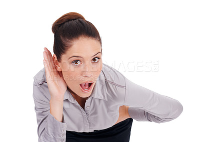 Buy stock photo Business woman, listening and wow for gossip, news or confidential intel on a white background. Portrait of young employee with palm or hands cupping ears for whisper of rumor and shocked in studio