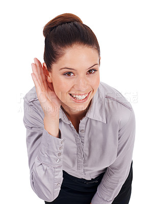 Buy stock photo Business woman, listening and secret for gossip, news or confidential intel on a white background. Portrait of young employee and palm or hands cupping ears in whisper, rumor or information in studio