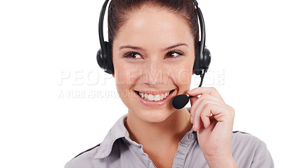 Buy stock photo Customer service face, call center studio and happy woman on business chat, discussion or telemarketing sales pitch. Female consultant, communication and tech support consulting on white background
