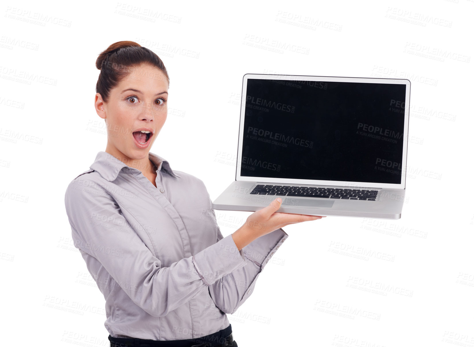 Buy stock photo Laptop screen, business surprise and portrait woman with studio mockup shock over online feedback notification. Wow news, OMG and female employee with promo presentation isolated on white background
