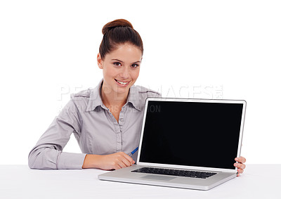 Buy stock photo Laptop screen, studio and happy portrait woman with business mockup for online, web or internet research. Professional, happiness and person with website presentation isolated on white background