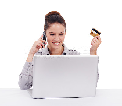 Buy stock photo Online shopping, credit card and a woman with a laptop and phone call isolated on white background. Happy, female corporate employee and reading email, buying product on the web and talking on mobile