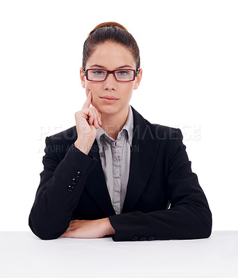Buy stock photo Portrait, serious and business woman with attitude in studio, confident and professional against a white background. Face, assertive and female office worker posing with empowered, mindset and focus