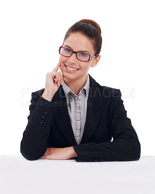 Buy stock photo Studio portrait, happiness and corporate woman, consultant or business agent smile for formal company vocation. Profile picture, happy worker and confident female person isolated on white background