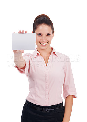 Buy stock photo Mockup, business card and smile with portrait of woman in studio for idea, networking and show. Corporate, signage and happy with employee and paper on white background for news and presentation 