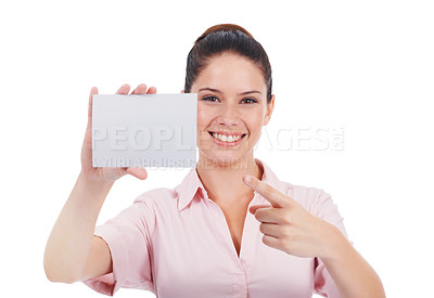 Buy stock photo Mockup, business card and promotion with portrait of woman in studio for idea, networking and idea. Corporate, signage and happy with employee and paper on white background for news and presentation 