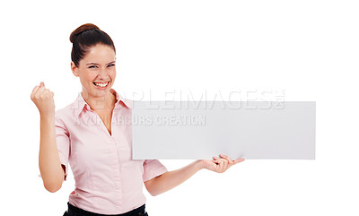 Buy stock photo Portrait, mockup and woman with a paper, excited and winner isolated against white studio background. Face, female person or entrepreneur with poster, banner and excitement with happiness and winning