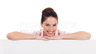 Buy stock photo Portrait, mockup board and woman leaning in studio isolated on a white background. Face, poster and happy female person with copy space, advertising and marketing, commercial promotion and branding.