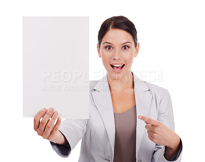 Buy stock photo Portrait, mockup and woman with a paper, pointing and girl isolated against a white studio background. Face, female person and model with a poster, choice and opportunity with decision and brand logo