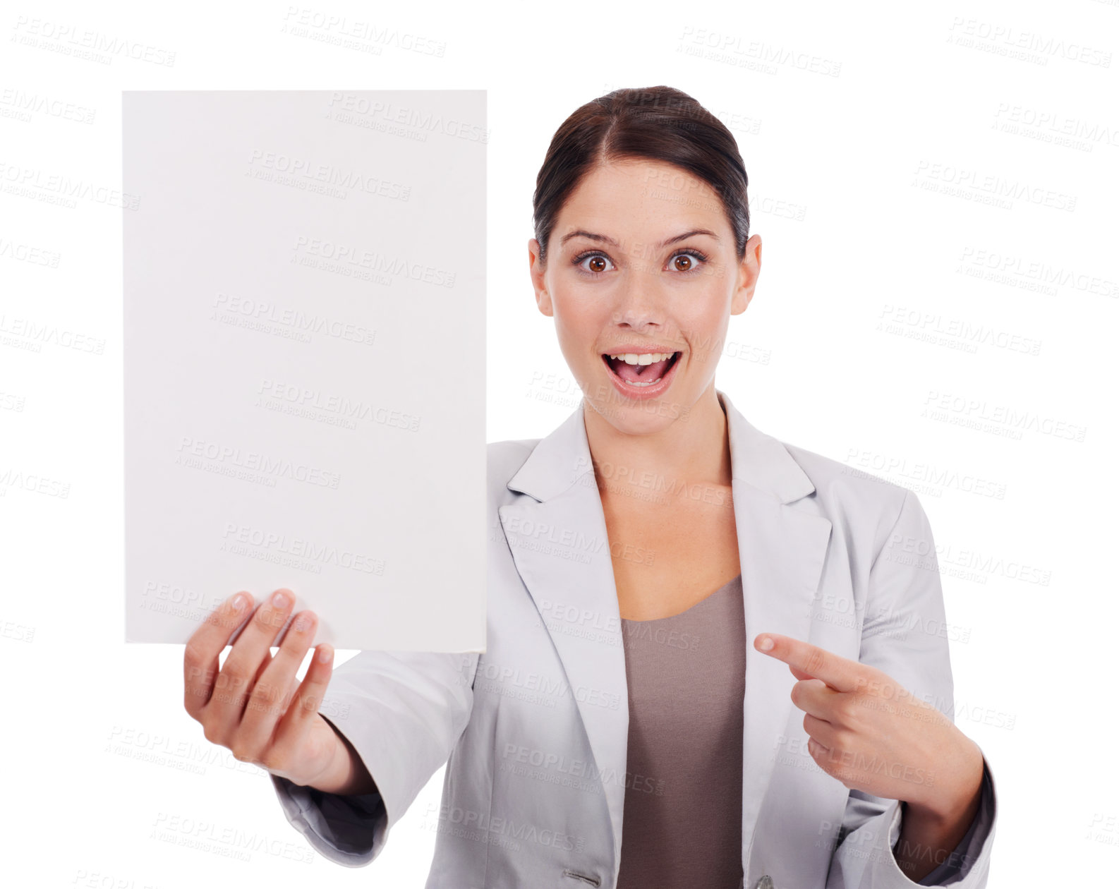 Buy stock photo Portrait, mockup and woman with a paper, pointing and girl isolated against a white studio background. Face, female person and model with a poster, choice and opportunity with decision and brand logo