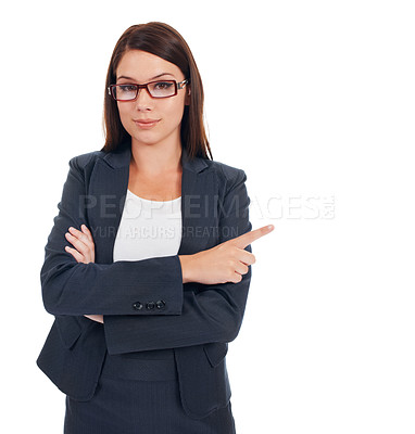 Buy stock photo Studio portrait, arms crossed and business woman point at mockup space, promotion info or sales notification. Branding, corporate presentation gesture and female brand ambassador on white background