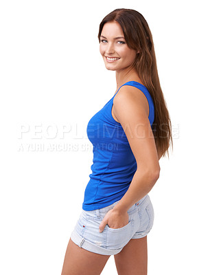 Buy stock photo Woman, smile and portrait for fashion confidence in studio for summer style, mockup space or white background. Female person, model and face for cool trends or shorts relax, weekend outfit or casual