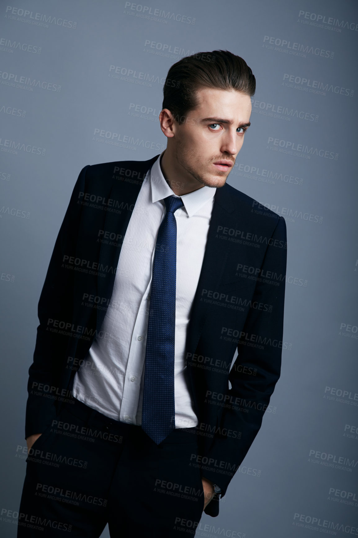 Buy stock photo Portrait, fashion and man with business, employee and confident guy on a grey studio background. Person, corporate and model with suit, elegant outfit and stylish clothes with professional and worker