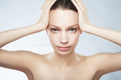 Buy stock photo Skincare, face portrait and a woman with beauty from treatment isolated on a white background in studio. Serious, young and a female model for dermatology and cosmetics on a backdrop for care of skin