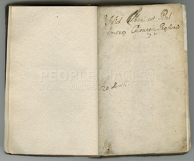 Buy stock photo Old book, parchment and vintage journal on paper with texture or faded writing on page. Ancient, manuscript or empty document in history with aged and stained pages from diary in archive of library