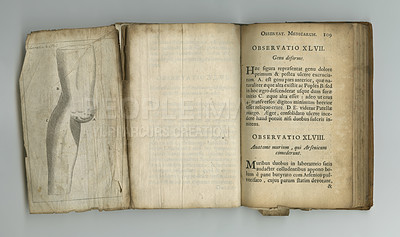 Buy stock photo Antique medical page, information and library stamp for authorized research on medicine study, knowledge or pathology. Latin language, wisdom or parchment paper for healthcare education literature 