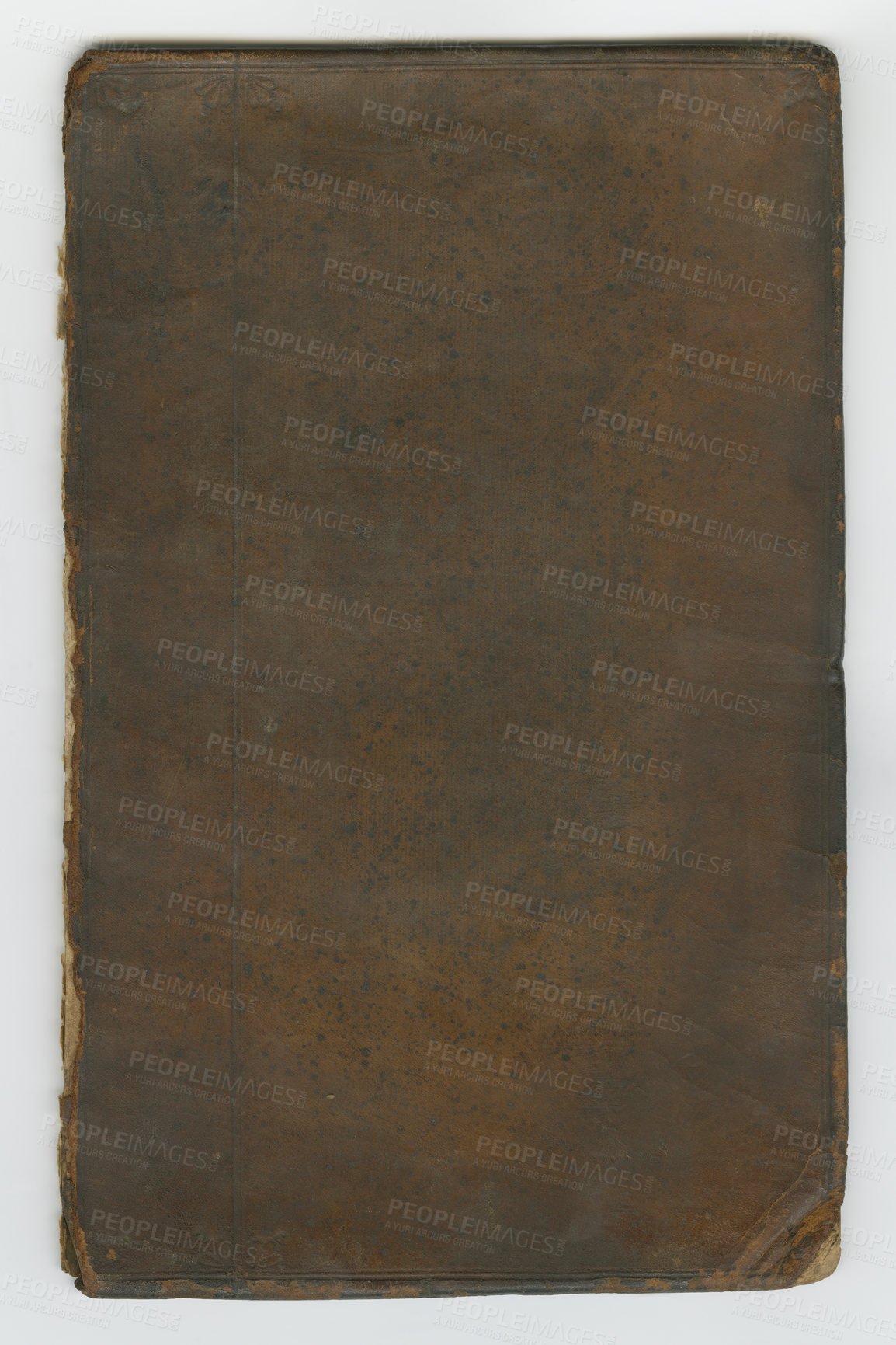 Buy stock photo Old book, vintage and cover of antique manuscript, scriptures or ancient literature against a studio background. Closeup of blank historical novel, journal or guide in brown, dusty or classic history