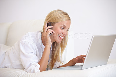 Buy stock photo Woman, phone call and remote work with laptop on sofa for social network, digital subscription and communication at home. Happy freelancer, computer and talking on smartphone for online connection 
