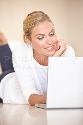 Buy stock photo Home, thinking and woman on the floor, laptop and communication with internet, social media and typing. Person, apartment and girl with technology, connection and digital with network and relax