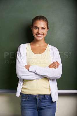 Buy stock photo Teacher woman, portrait and chalkboard with arms crossed, smile or class for learning, future or academy. Education employee, teaching expert or person with pride, knowledge or information in school