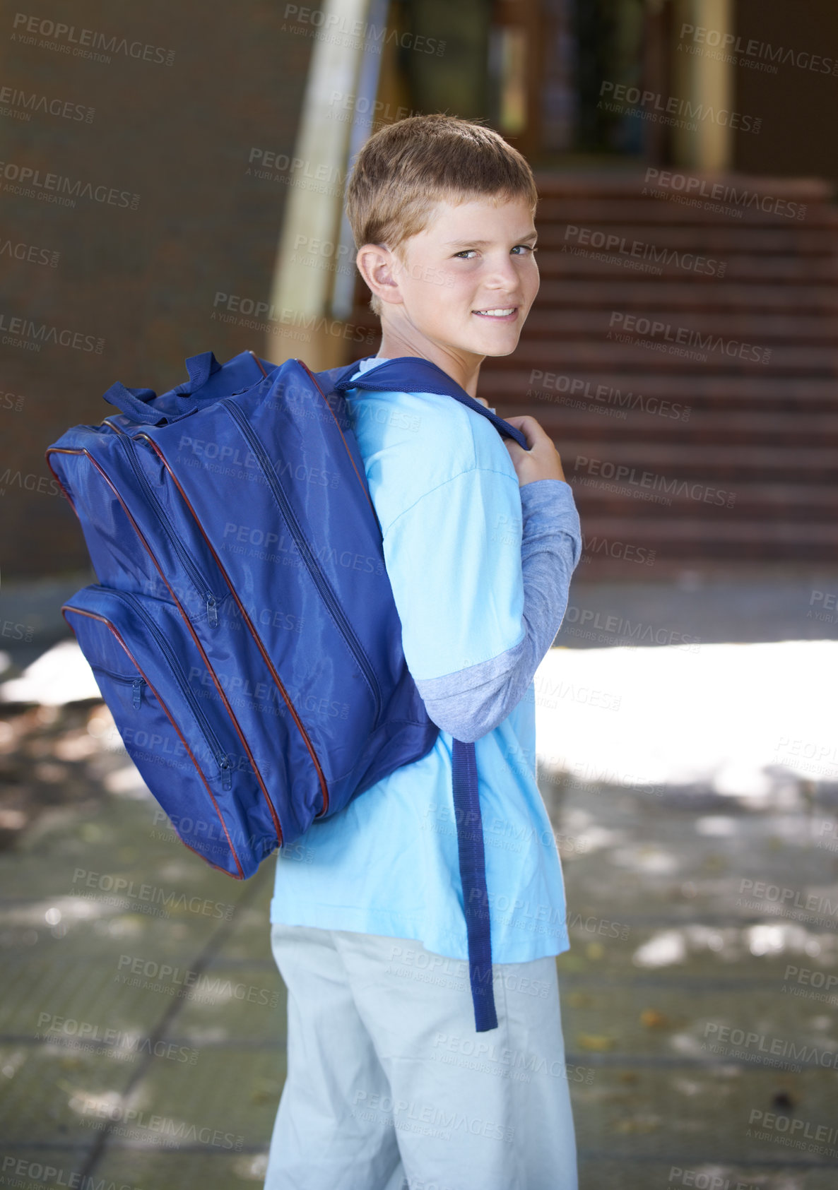 Buy stock photo Portrait, boy and outdoor with backpack, education and school with knowledge, learning and student. Person, outside or kid with a bag, sunshine and cheerful with joy, excited or childhood development