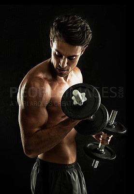 Buy stock photo Topless, black background or man in dumbbell workout, training or exercise in studio for power. Fitness model, dark or ripped person with healthy body, shadow or biceps muscle for wellness or lifting