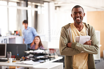 Buy stock photo Black man, business and office with portrait in creative agency with writer notes and paperwork at company. Confidence, happy and African professional ready for working with a smile and arms crossed