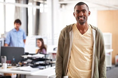 Buy stock photo African, happy and portrait of business man in startup agency for creative, manager and designer. Professional, consultant and advisor with face of employee in office for entrepreneur career 