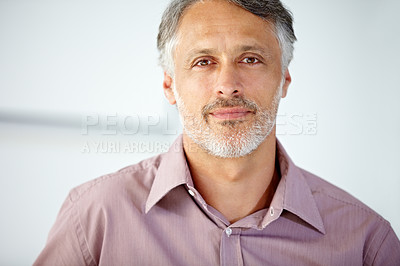 Buy stock photo Smile, portrait and mature businessman in the office with positive, good and confident attitude. Happy, career and face of professional male lawyer from Mexico with legal career in modern workplace.