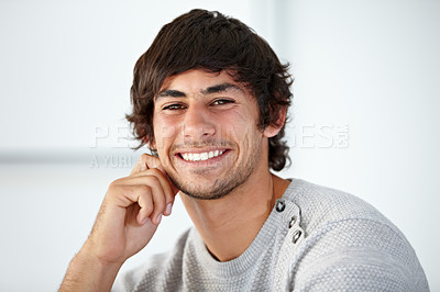 Buy stock photo Happy, portrait and young man in the office with positive, good and confident attitude. Smile, creative career and face of professional male designer from Mexico with pride in modern workplace.