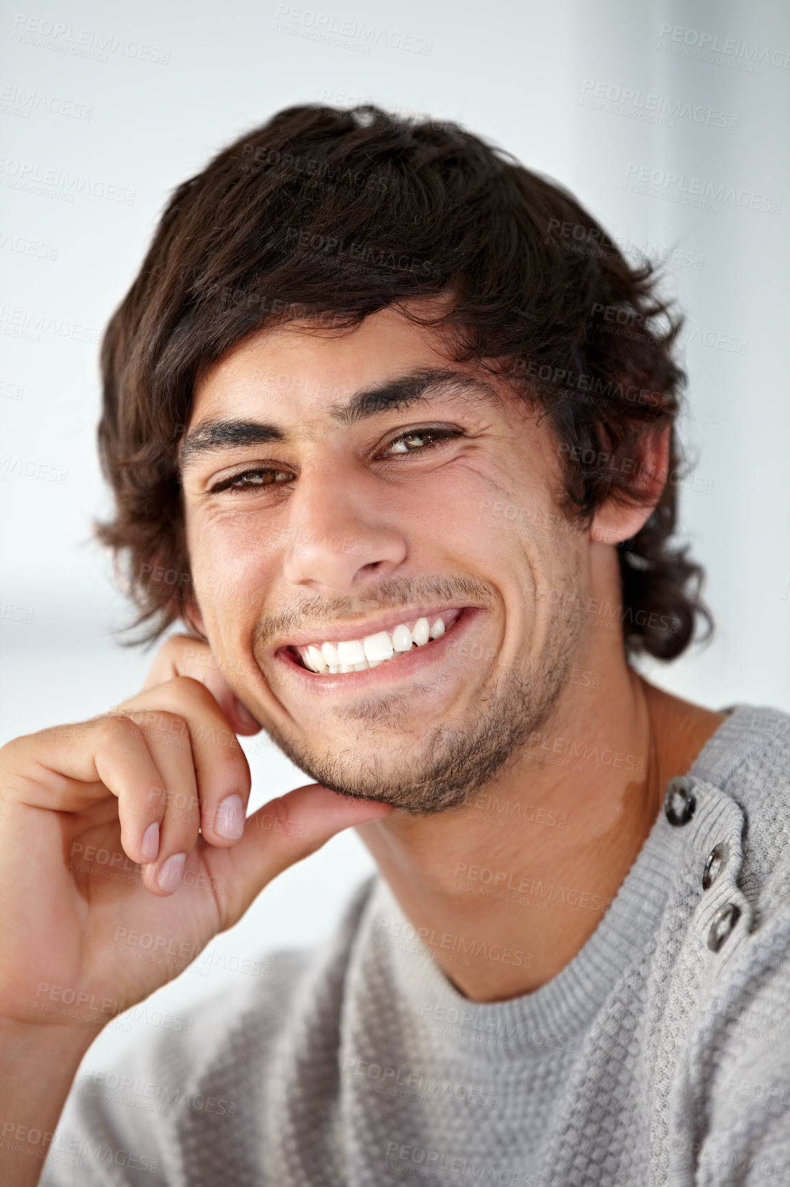 Buy stock photo Smile, portrait and young man in the office with positive, good and confident attitude. Happy, creative career and face of professional male designer from Australia with pride in modern workplace.