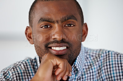 Buy stock photo Cropped view of a smiling African American man against a white background - Cropped