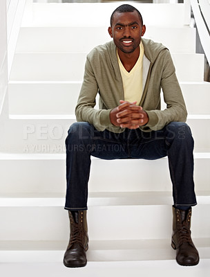 Buy stock photo Office, stairs and portrait of business black man for professional career, confidence and pride. Building, company and happy worker sitting on steps with ambition for work, job and opportunity