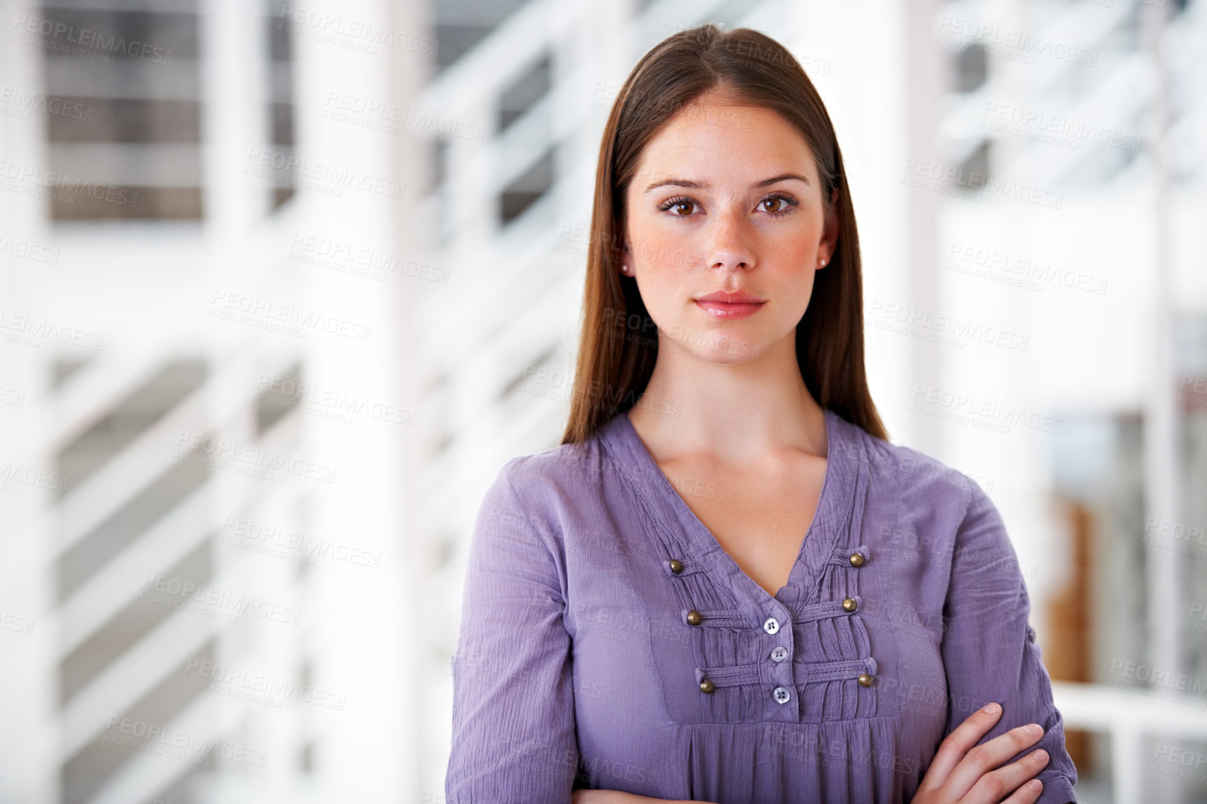 Buy stock photo Portrait, serious and a business woman arms crossed in her professional office for an internship. Mindset, confident and attitude with a young employee in her design agency workplace or company