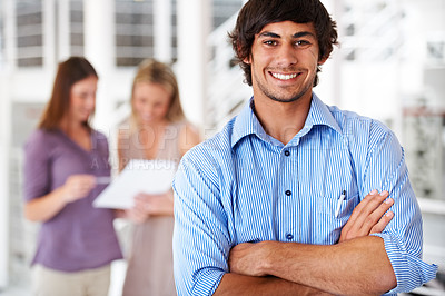 Buy stock photo Happy, crossed arms and portrait of business man with team for leadership, confidence and pride. Creative agency, company and worker with staff for meeting, planning and collaboration in office