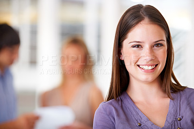 Buy stock photo Portrait, smile and a young business woman in her office for the start of career with an internship. Face, company and a happy female professional employee closeup in a design agency workplace