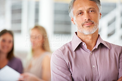 Buy stock photo Office, leadership and portrait of business man with team for collaboration, confidence and pride. Corporate, company and happy worker with staff for meeting, planning and management in workplace