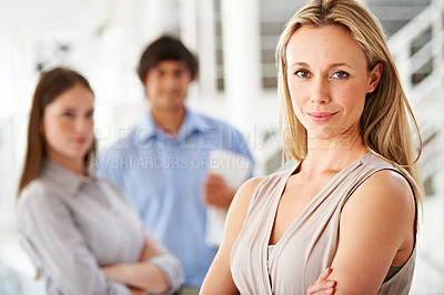 Buy stock photo Manager, office and portrait of business woman with team for leadership, confidence and pride. Corporate career, company and worker with staff for meeting, planning and collaboration in workplace