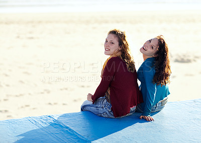Buy stock photo Happy, friends and young women at beach, excited and travel, mockup space and vacation. Female people outdoor, friendship and tropical holiday with an adventure together, trust and gen z youth