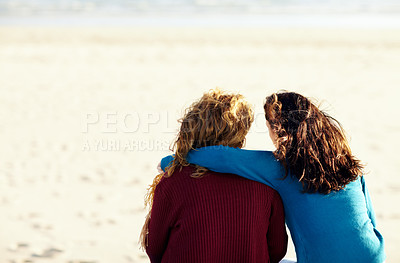 Buy stock photo Lesbian, hug and women at beach with back view, couple on date and travel, mockup space and vacation. Female people, pride and LGBTQ relationship, queer and tropical holiday with adventure together