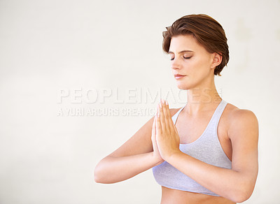 Buy stock photo Healthy, relax and woman with meditation, yoga and exercise with wellness, home and workout goal. Lounge, person and girl with self care, breathing and zen with peace, chakra and fitness with pilates