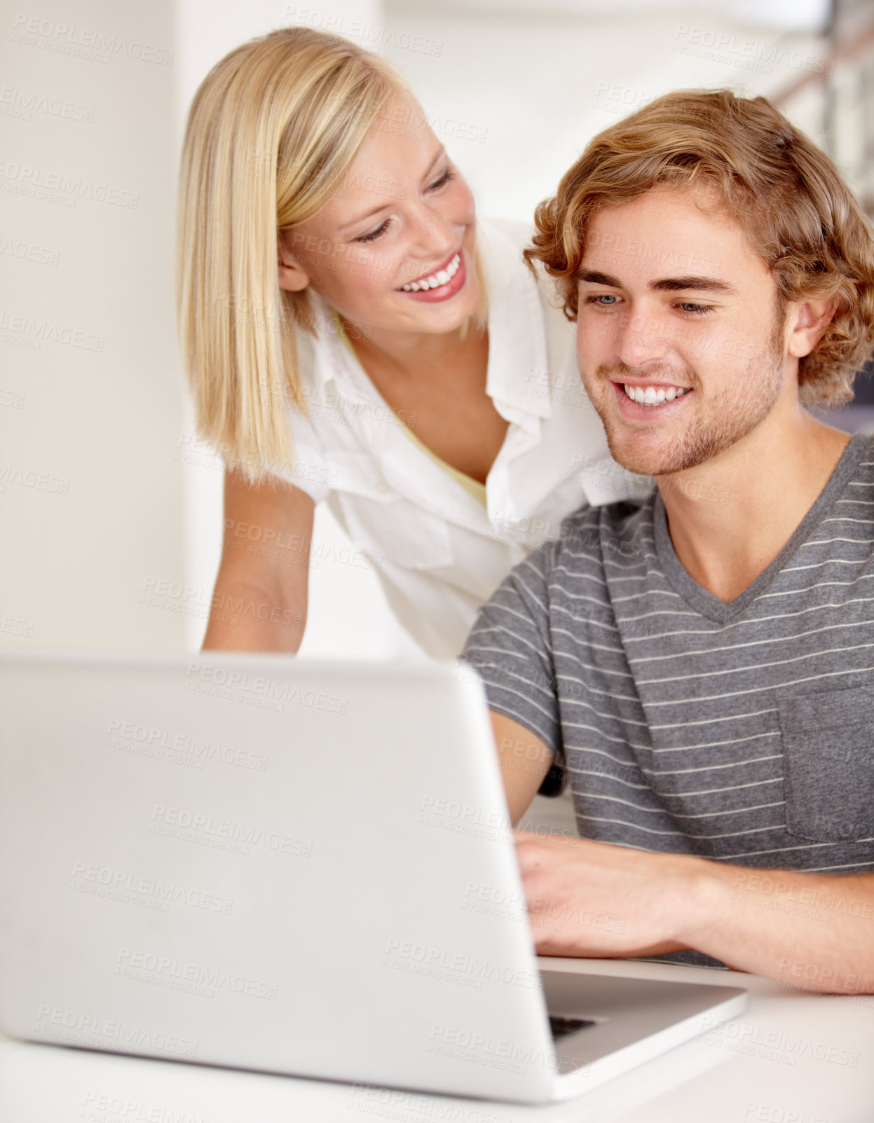 Buy stock photo Laptop, smile and planning with a young couple in their apartment for research or investment together. Computer, bank or ecommerce with a happy man and woman in their home for growth or development