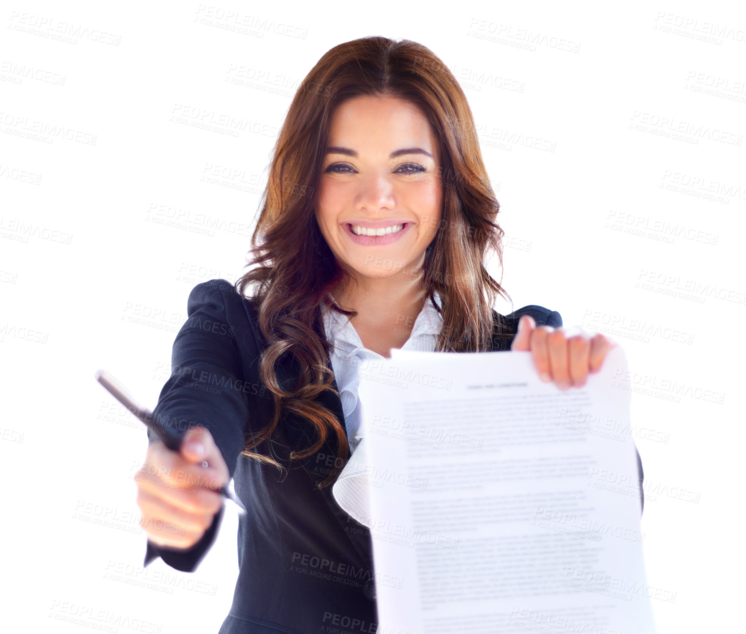 Buy stock photo Pen, paper and portrait of lawyer woman to sign contract or legal document for agreement. Happy and excited female attorney with deal or writing for signature isolated on a white background in studio