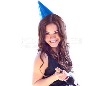 Buy stock photo Portrait of an attractive young woman about to pop a bottle of champaign