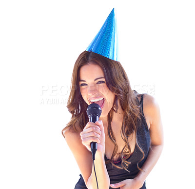 Buy stock photo Birthday, party and karaoke with woman and singing in studio for celebration, music and mockup. Happy, performance and concert with female singer and microphone isolated on white background for event