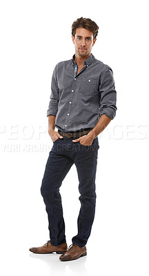 Buy stock photo Serious, entrepreneur and confident portrait in studio, white background and professional style. Businessman, manager and hands in jeans, pockets or person with pride for career in casual fashion