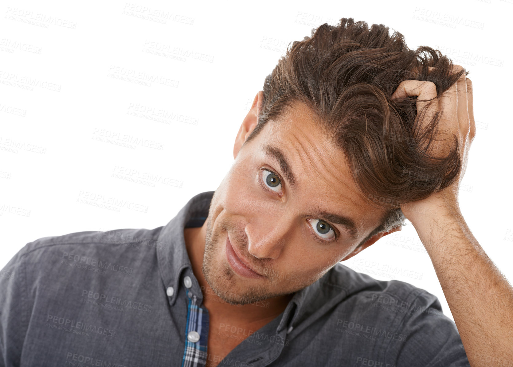 Buy stock photo Portrait, man scratching head and thinking, confused or doubt isolated on a white studio background. Face, person and idea, puzzled at choice or decision, question or solution, why or dont know emoji